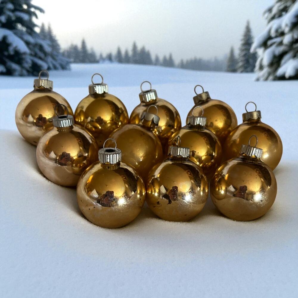 Mid Century Shiny Brite Mercury Glass Gold Ball Christmas Ornaments-Set of 11